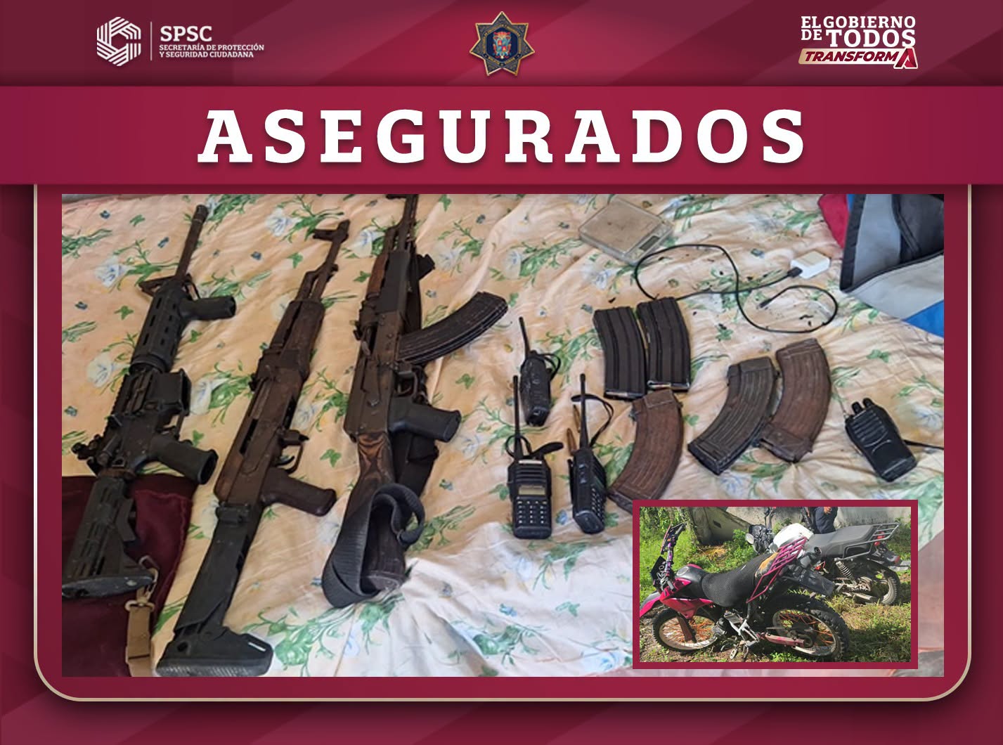 Aseguran armas y motos en centro de salud abandonado